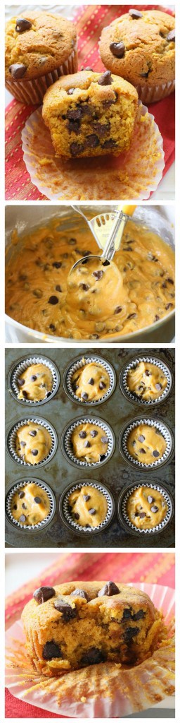 These Pumpkin Chocolate Chip Muffins are moist pumpkin spiced treats dotted with chocolate chips. This is the only pumpkin chocolate chip muffin recipe you will ever need. #pumpkin #chocolate #chip #muffins #recipe #breakfast