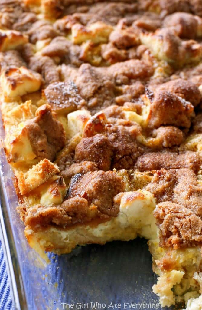 Cream Cheese french toast Casserole with a slice cut out