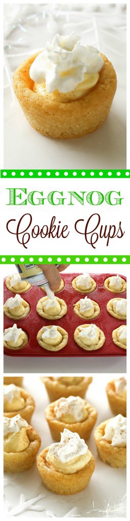 These Eggnog Cookie Cups are sugar cookie cups filled with a creamy eggnog filling. Super easy and festive for Christmas! #eggnog #cookie #cups #christmas #recipe #dessert