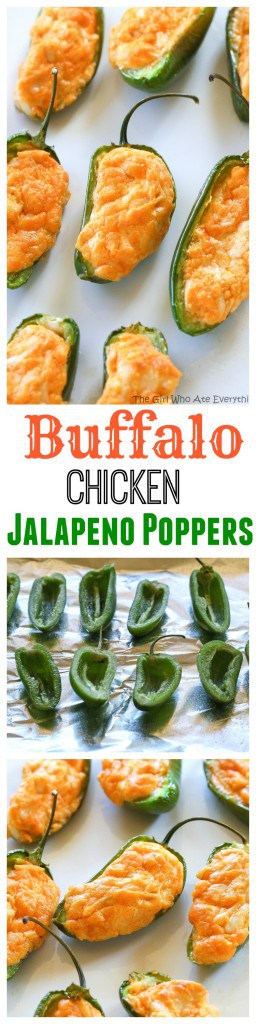 Buffalo Chicken Jalapeno Poppers - buffalo chicken dip meets jalapenos! Game food right here. #buffalo #chicken #dip #jalapeno #poppers #recipe 