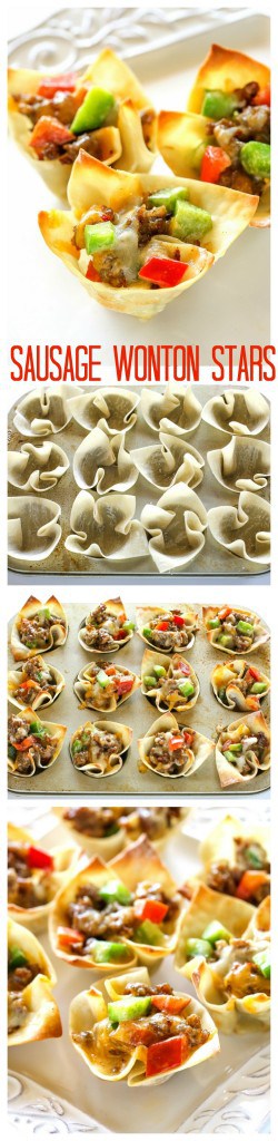 Sausage Wonton Stars - bite sized appetizers filled with sausage, peppers, cheese, and ranch dressing. #sausage #wonton #stars #appetizer #potluck #recipe