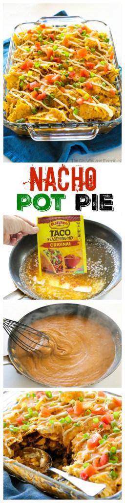 Nacho Pot Pie - a taco flavored filling of black beans and corn topped with a crushed tortilla chip crust. #nacho #pot #pie #mexican #dinner