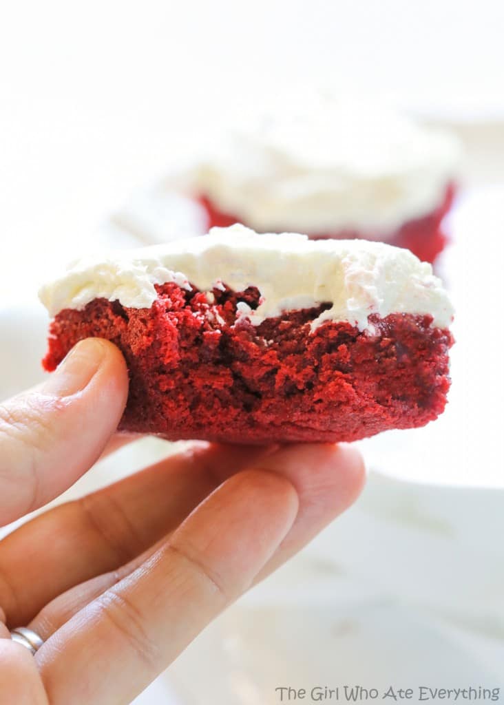 Red Velvet Brownies with White Chocolate Frosting - they're as pretty as they are tasty! the-girl-who-ate-everything.com