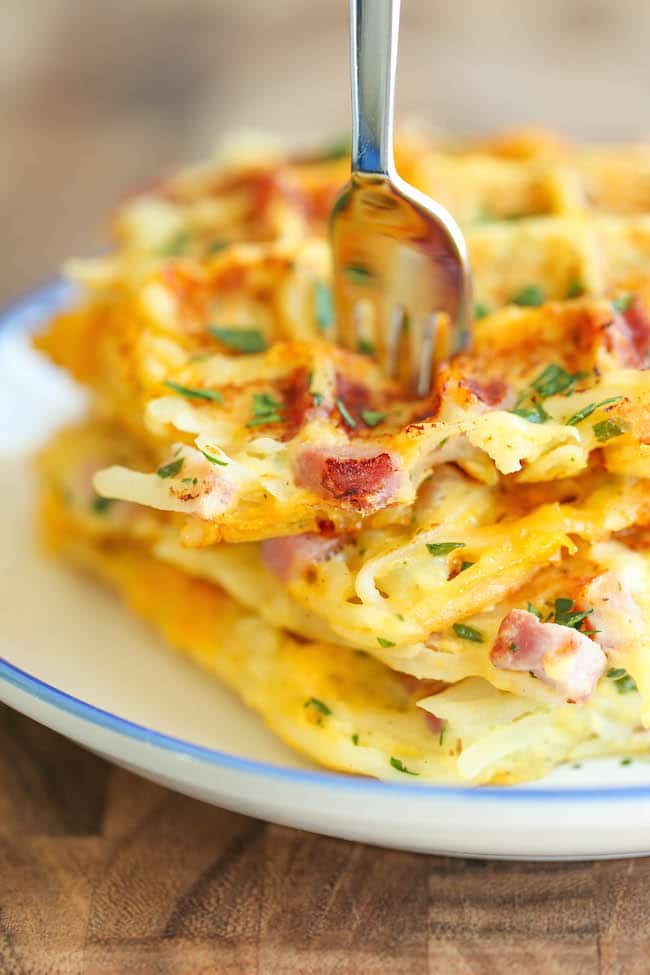ham and cheese hashbrown waffles-damn delicious