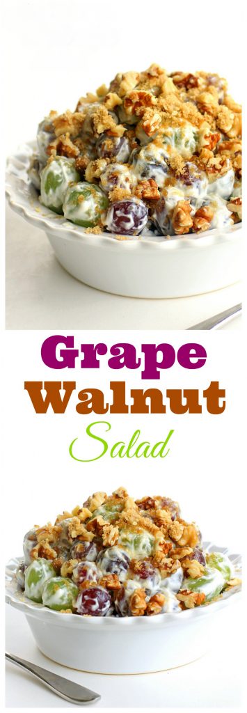 This Grape Salad is a unique fruit salad that is always a crowd pleaser and great for potlucks! Red and green grapes with brown sugar, pecans or walnuts, cream cheese, and sour cream. #potluck #side #grape #salad #fruit