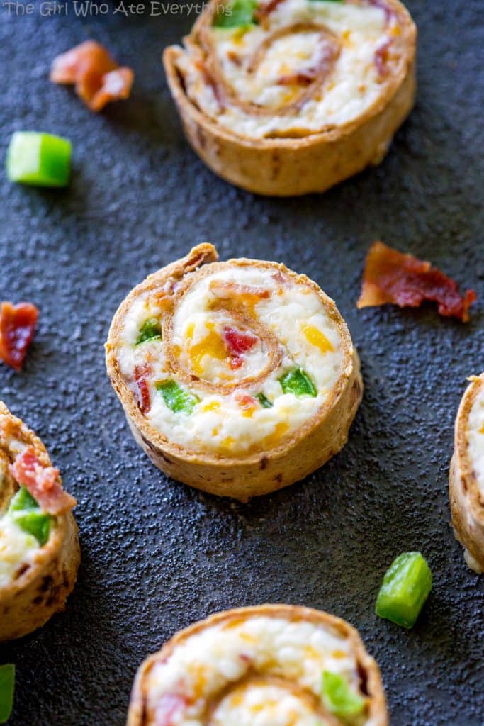 Jalapeno Popper Pinwheels - creamy and spicy pinwheels that can be eaten hot or cold. the-girl-who-ate-everything.com