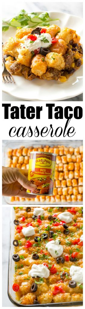 Tater Taco Casserole - A Mexican mixture of taco meat, beans, corn, and cheese topped with tater tots and enchilada sauce. #taco #tater #tot #casserole #dinner