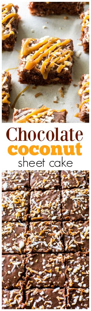 Chocolate Coconut Sheet Cake - your classic sheet cake with toasted coconut added to it. Think Almond Joy!