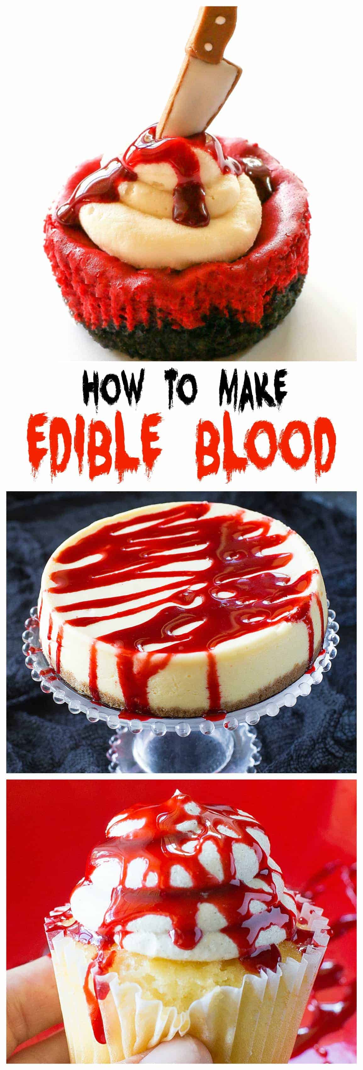 Fake Blood Recipe - drizzle it on cupcakes, cakes, donuts,...you name it! #edible #fake #blood #recipe #halloween