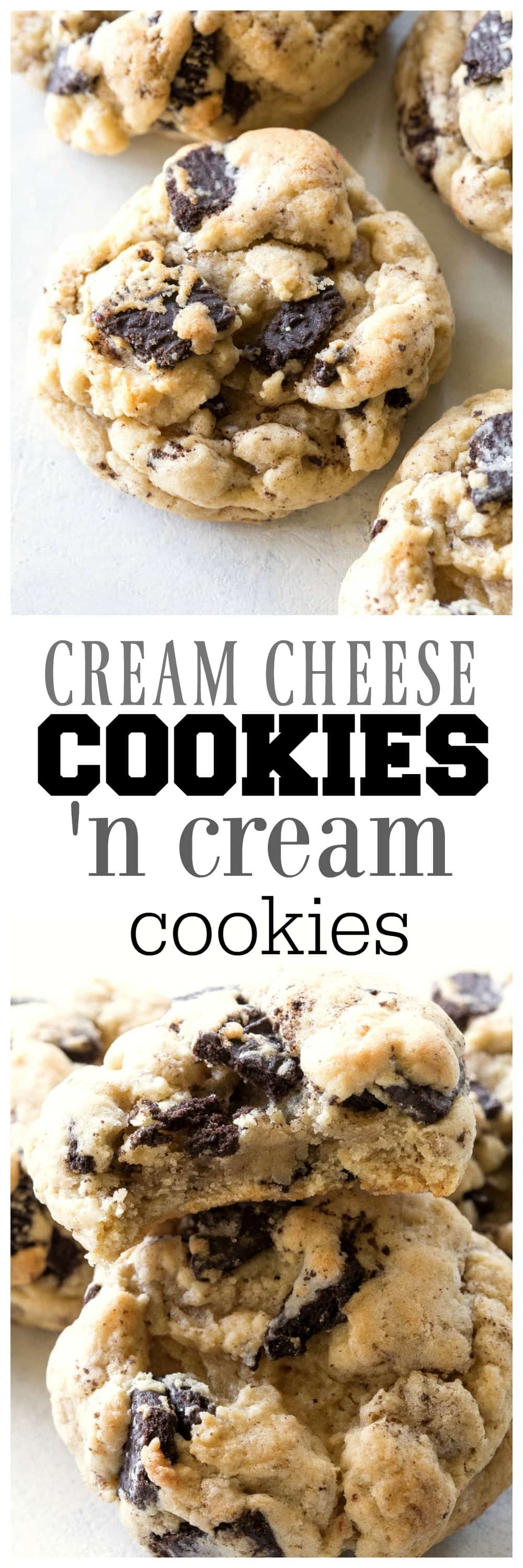 Cream Cheese Cookies 'n Cream Cookies - the softest, creamiest cookies that have chopped up Oreos throughout. Add some festive Oreos for Christmas. #cookies #cream #cheese #dessert #recipe
