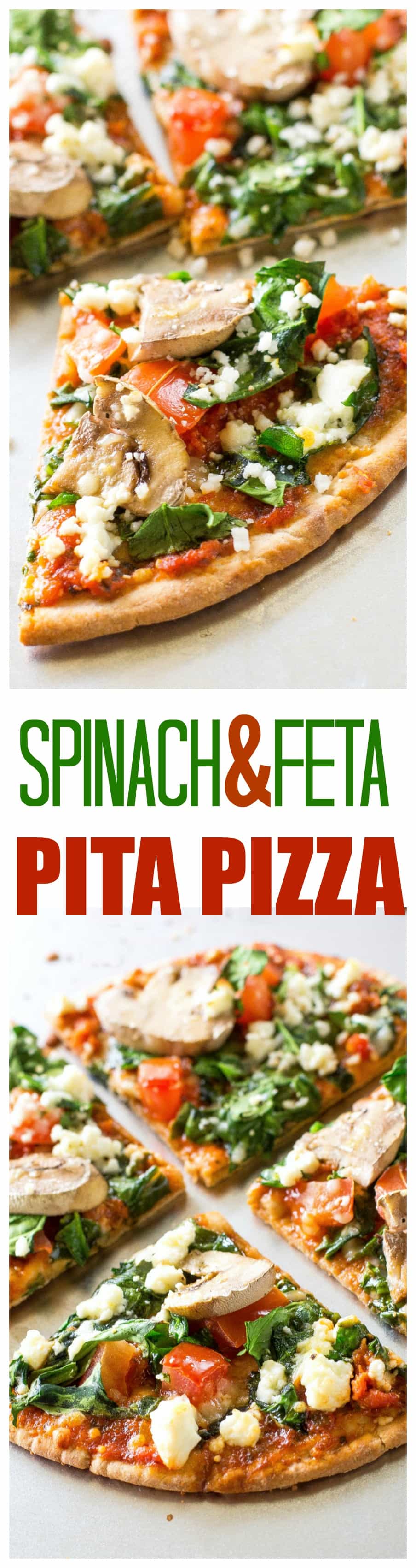 Spinach and Feta Pita Pizzas - a great appetizer or even filling enough for a meal. Only 350 calories per pizza. #healthy #spinach #feta #pita #pizza #dinner #appetizer #recipe