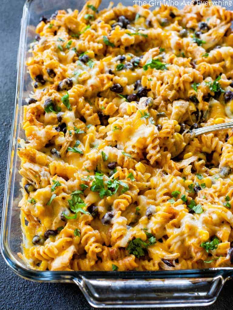 Fiesta Chicken Pasta Bake - creamy, spicy, cheesy...your family will love this easy Mexican dinner. the-girl-who-ate-everything.com