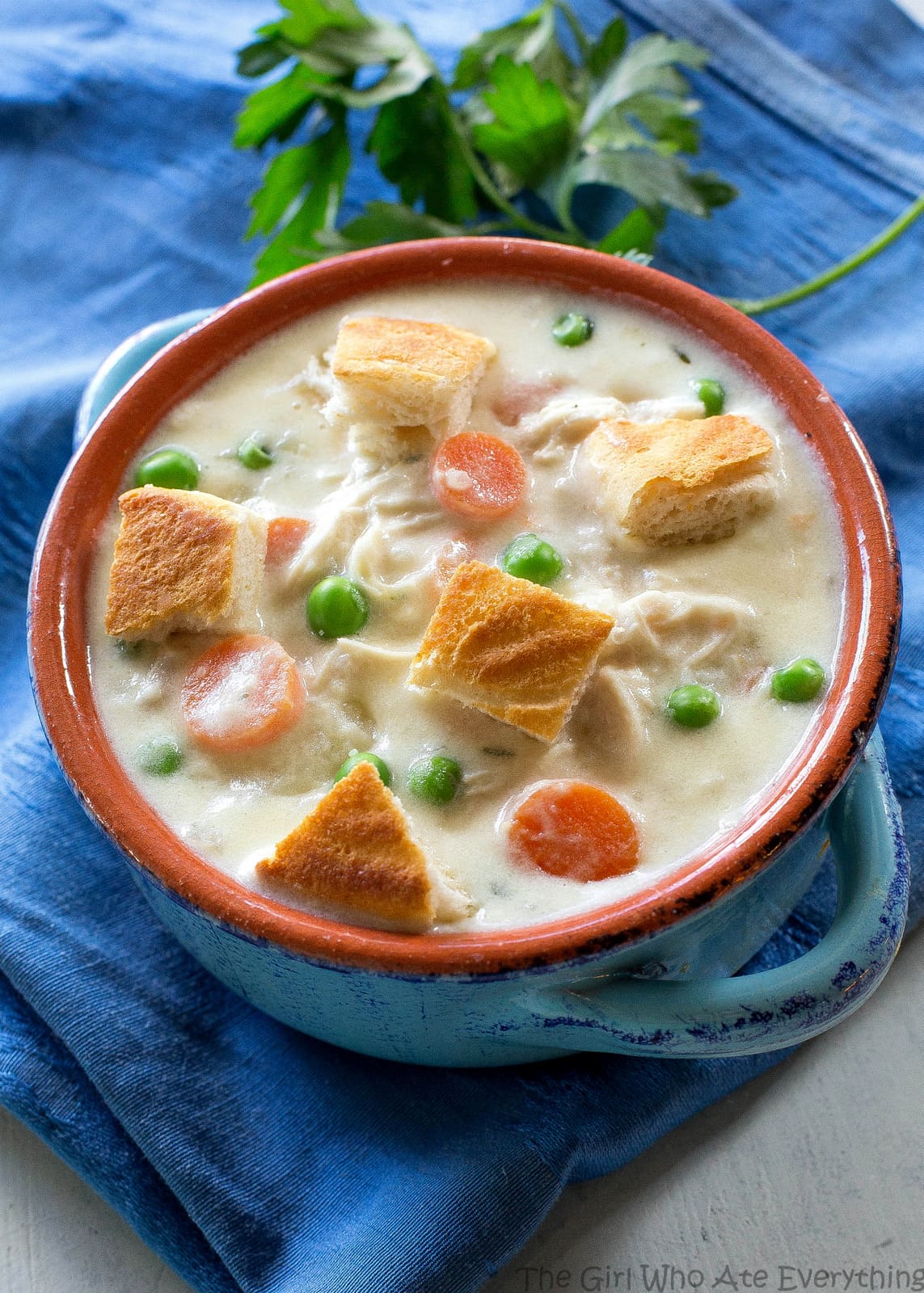 Chicken Pot Pie Soup - creamy pot pie soup with carrots, peas and potatoes. Seasoned to perfection! the-girl-who-ate-everything.com