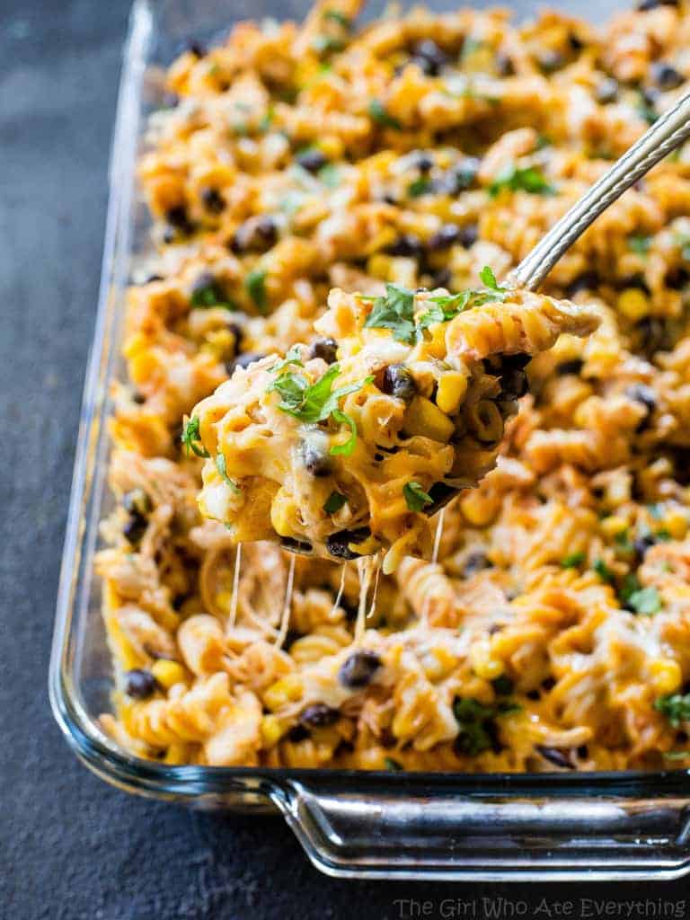 Fiesta Chicken Pasta Bake - creamy, spicy, cheesy...your family will love this easy Mexican dinner. the-girl-who-ate-everything.com