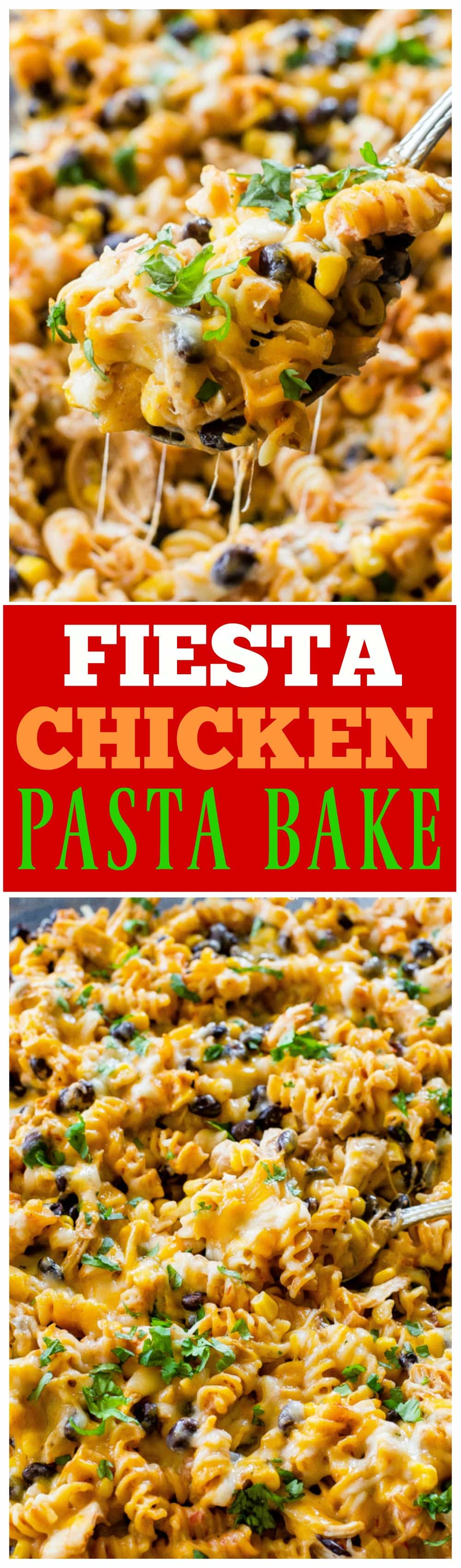 Fiesta Chicken Pasta Bake - creamy, spicy, cheesy...your family will love this easy Mexican dinner. #chicken #pasta #dinner #mexican #recipe