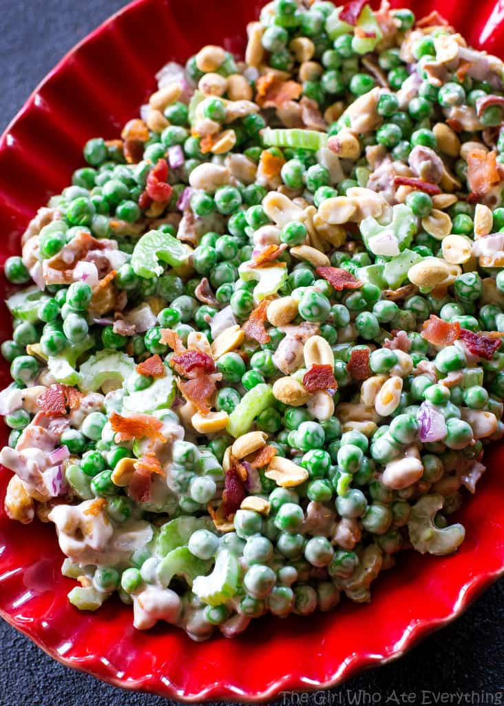 Crunchy Pea Salad with bacon in a red bowl