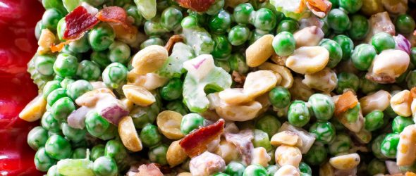 Crunchy Pea Salad - I know it sounds weird but trust me, it's good! Peas. nuts, bacon, celery...all for a refreshing salad. the-girl-who-ate-everything.com