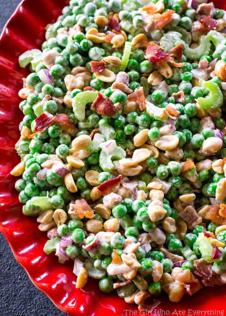 Crunchy Pea Salad in a red bowl