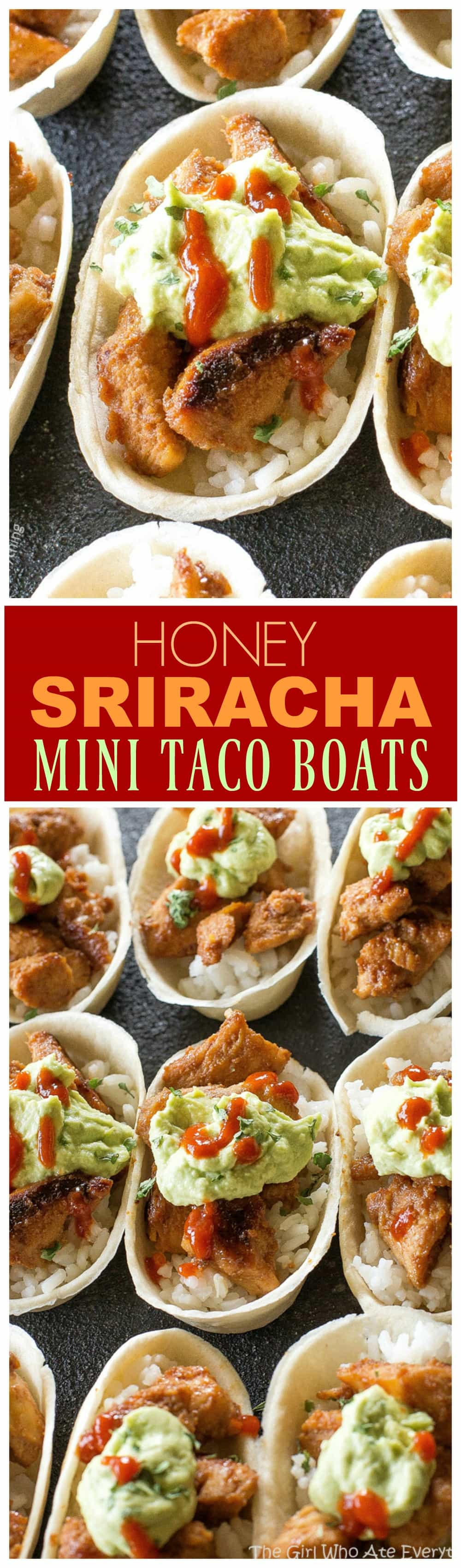 Mini Honey Sriracha Chicken Taco Boats - spicy and sweet chicken tacos topped with an avocado crema. the-girl-who-ate-everything.com