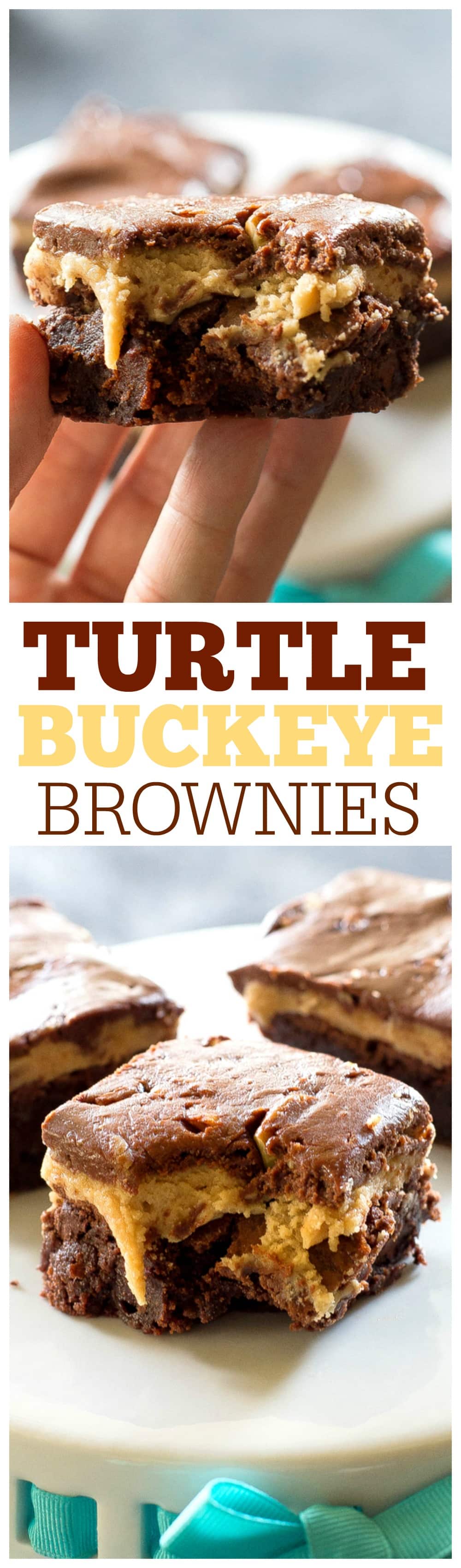 Turtle Buckeye Brownies - rich chocolate brownies, a peanut butter truffle layer and topped with a caramel chocolate pecan layer. The ultimate decadent dessert. #turtle #buckeye #brownies #chocolate #dessert #recipe