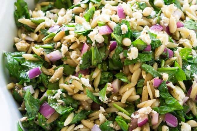 Spinach, Feta, and Orzo Salad - tossed in a balsamic vinaigrette. the-girl-who-ate-everything.com