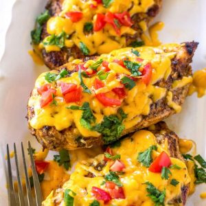 Spicy Southwest Chicken - marinated in spicy seasonings, grilled, and topped with cheese and tomatoes. the-girl-who-ate-everything.com