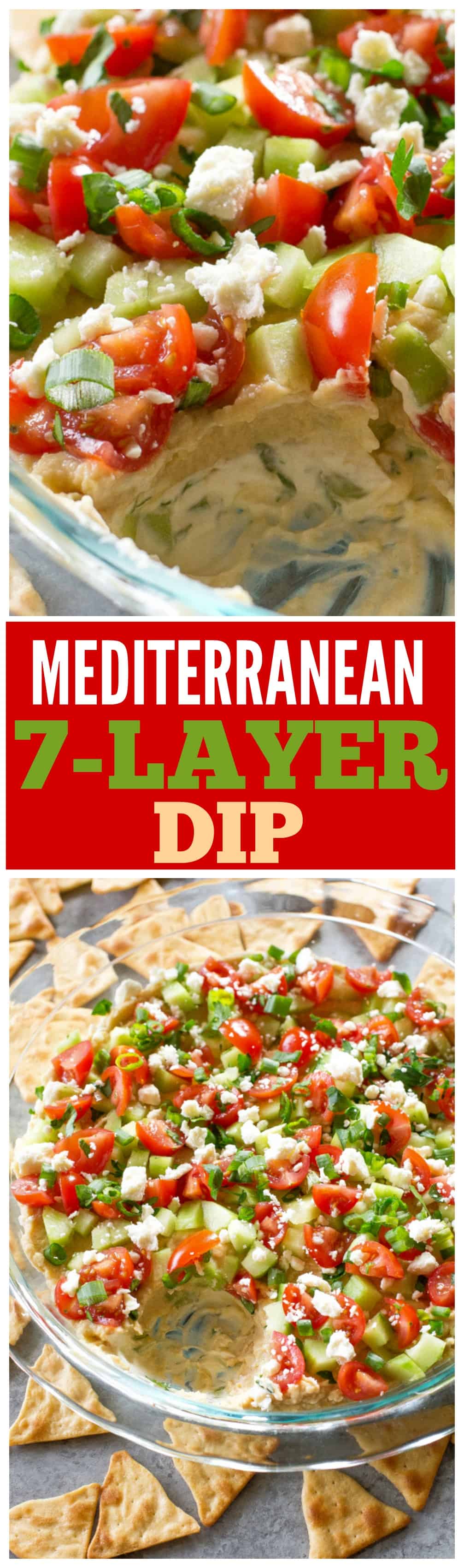This Mediterranean 7-Layer Dip has layers of homemade tzatziki, hummus, cucumber, tomatoes, green onions, and feta. Serve this appetizer recipe with pita chips! the-girl-who-ate-everything.com