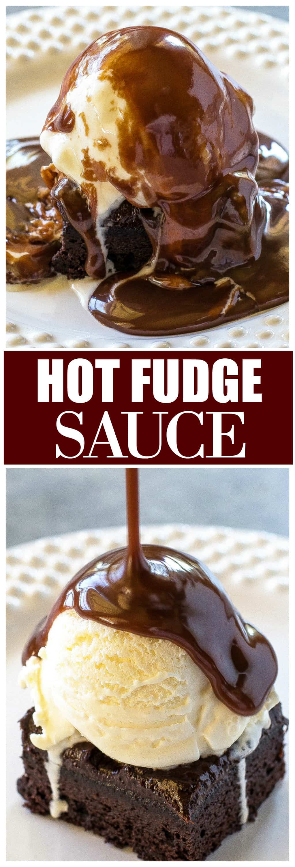 Hot Fudge Sauce being poured on ice cream on a plate