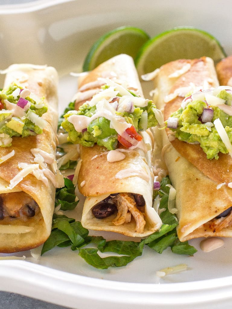 Chicken and Black Bean Flautas on a plate