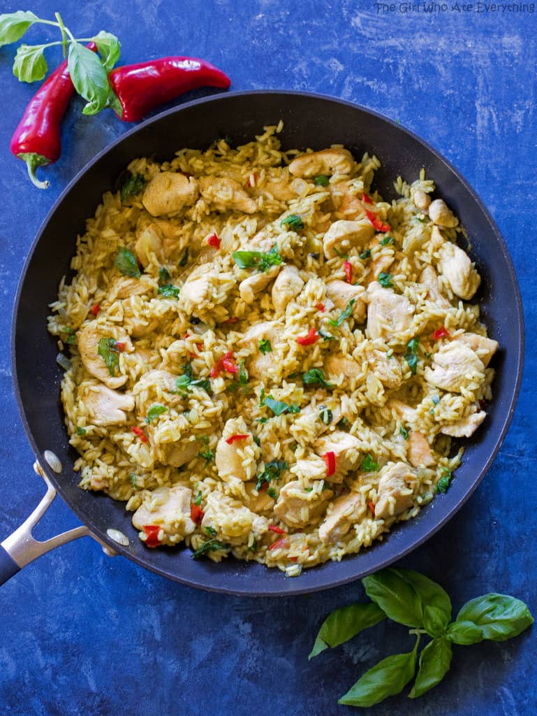 One-Pan Coconut Chicken Curry and Rice in a pan