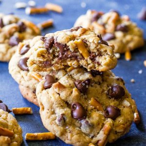 Salted Peanut Butter Pretzel Chocolate Chip Cookies on a plate