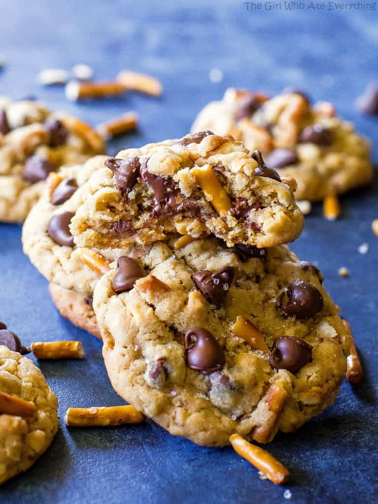 Salted Peanut Butter Pretzel Chocolate Chip Cookies on a plate