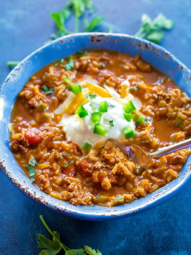 Stuffed Pepper Soup with sour cream and cheese