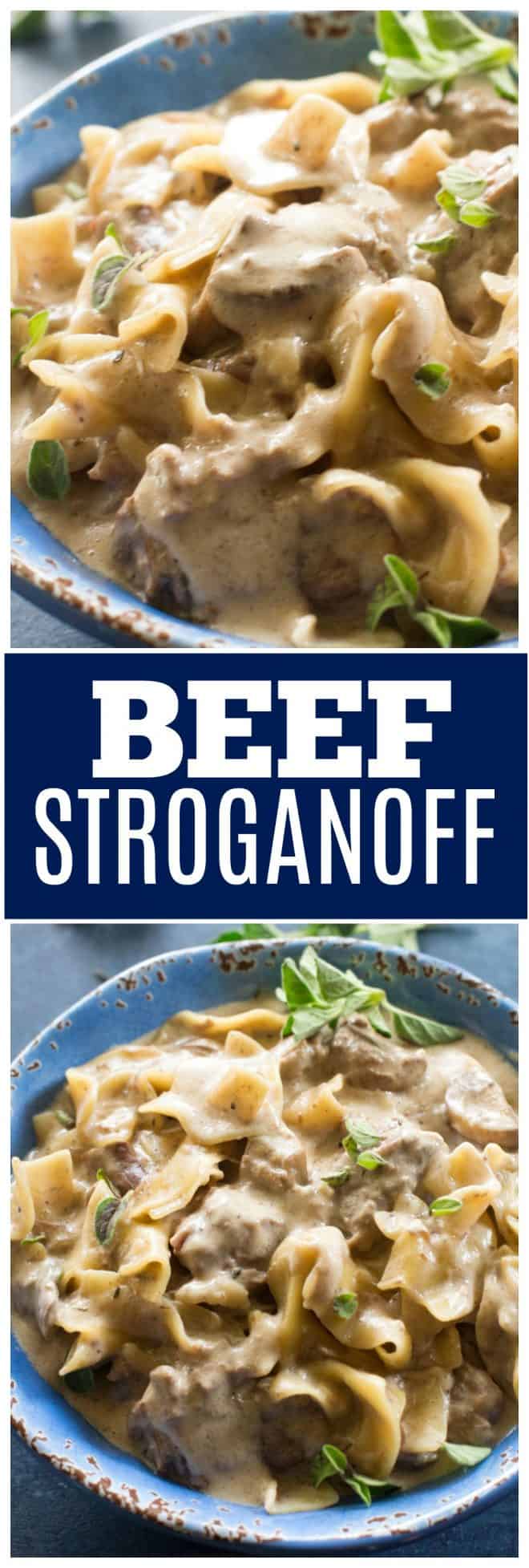 Beef Stroganoff is a creamy beef recipe usually served over buttered egg noodles. This version can be made in the Instant Pot or slow cooker. #beef #stroganoff #recipe #slowcooker #instantpot