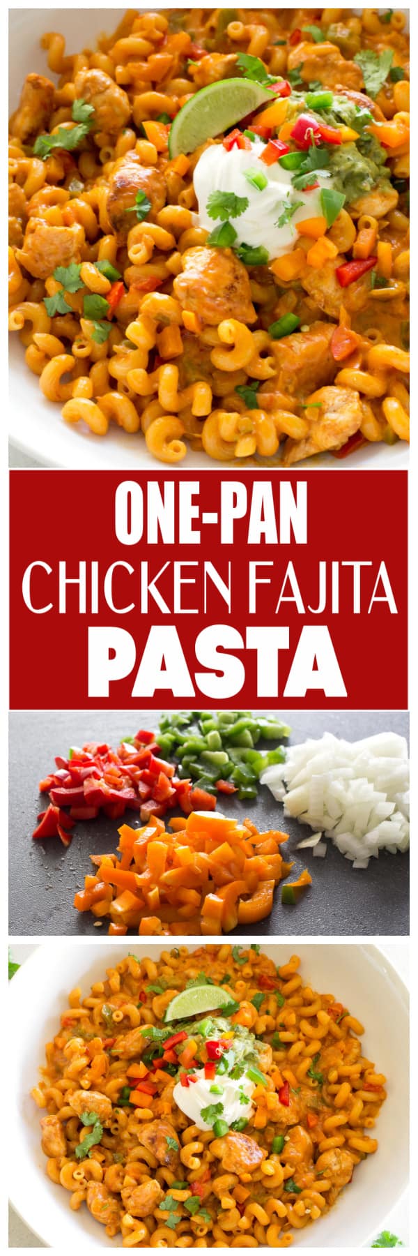 One-Pan Chicken Fajita Pasta is an easy Mexican chicken recipe that you can make on a busy weeknight. Seasoned chicken and fresh bell peppers in a creamy pasta make for a delicious dinner! #chicken #recipe #dinner #Mexican #onepan