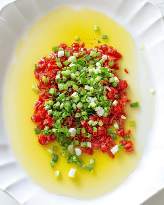 olive oil, tomatoes, green onions
