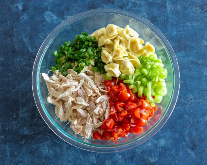 tortellini, green onions, chicken, tomatoes, and celery