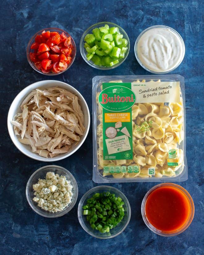tortellini, green onions, chicken, tomatoes, and celery