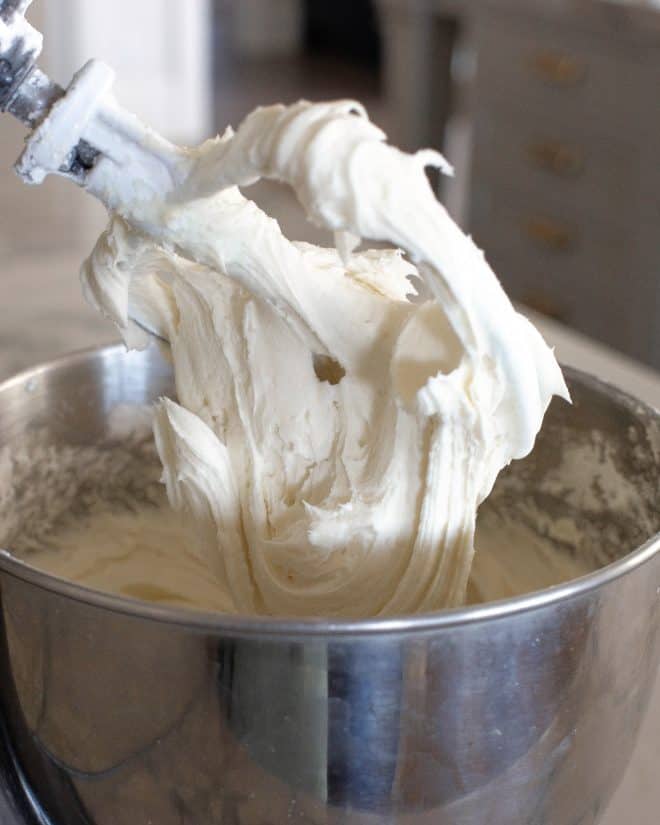 cream cheese frosting in a mixer