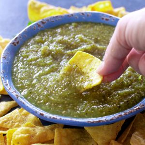 salsa verde with a chip