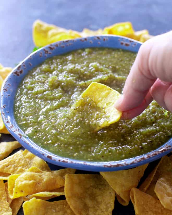 salsa verde with a chip