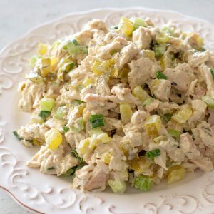 chicken salad on a white plate.