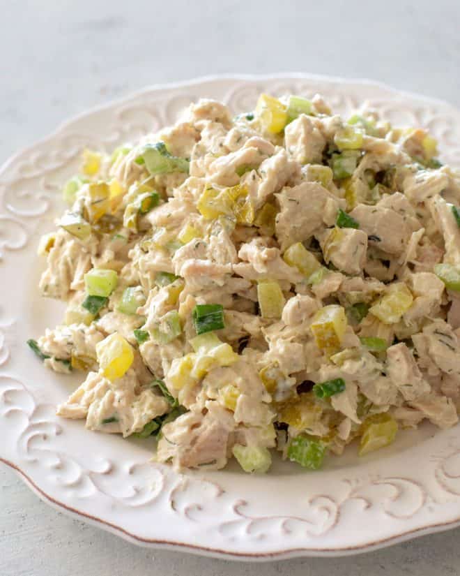 chicken salad on a white plate.