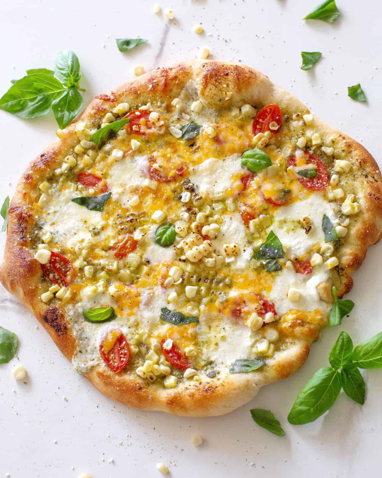 Charred Corn, Tomato, and Basil Pesto Pizza
