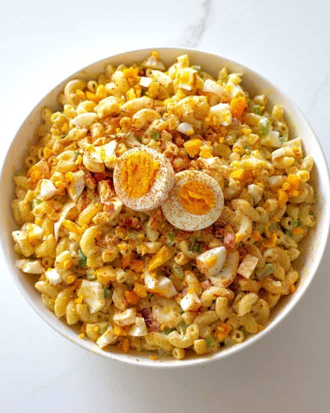 Macaroni salad with hard boiled eggs