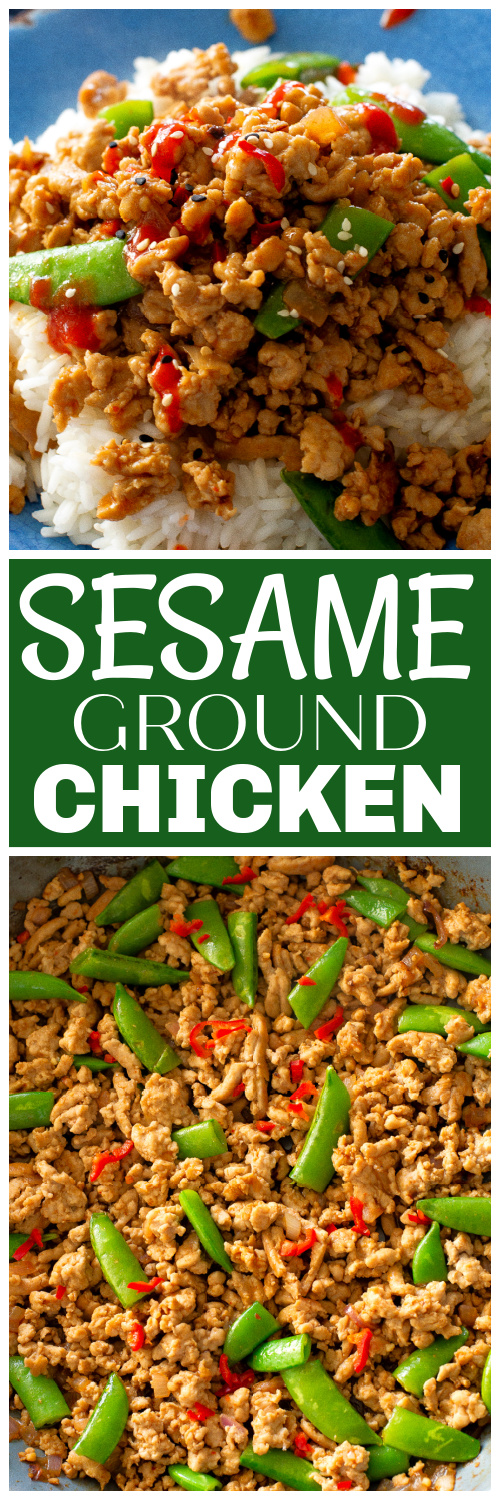 ground sesame chicken and snap peas over rice