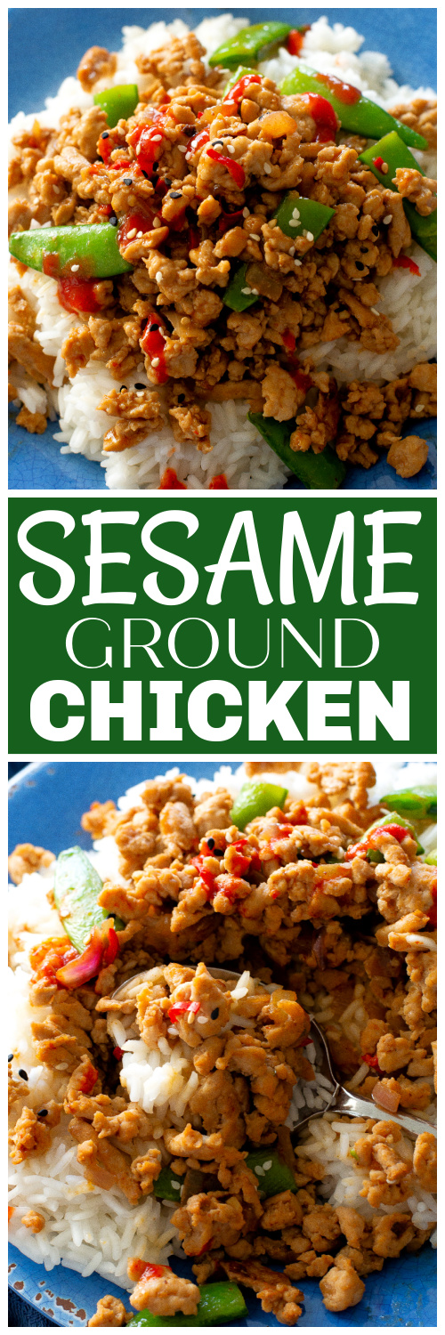 ground sesame chicken and snap peas over rice