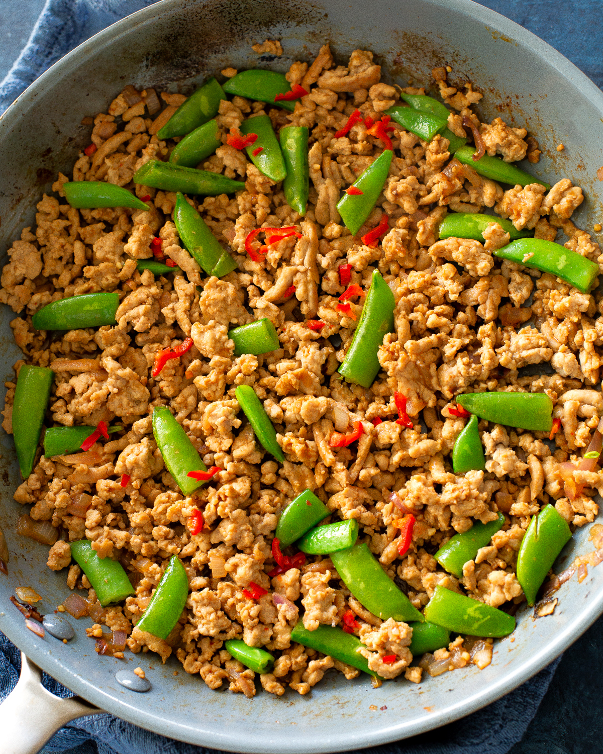ground sesame chicken and snap peas
