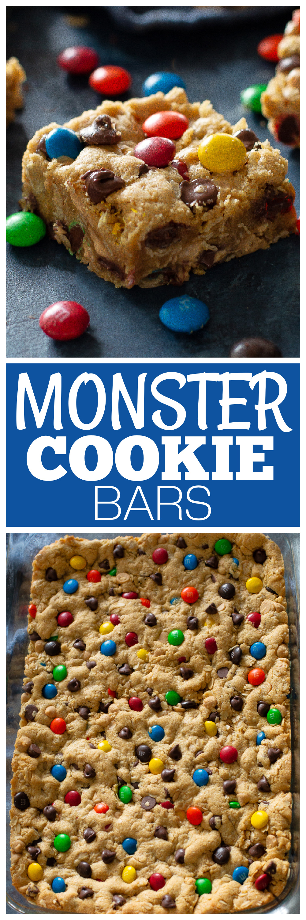 monster cookie dough bars on a blue surface with M&Ms