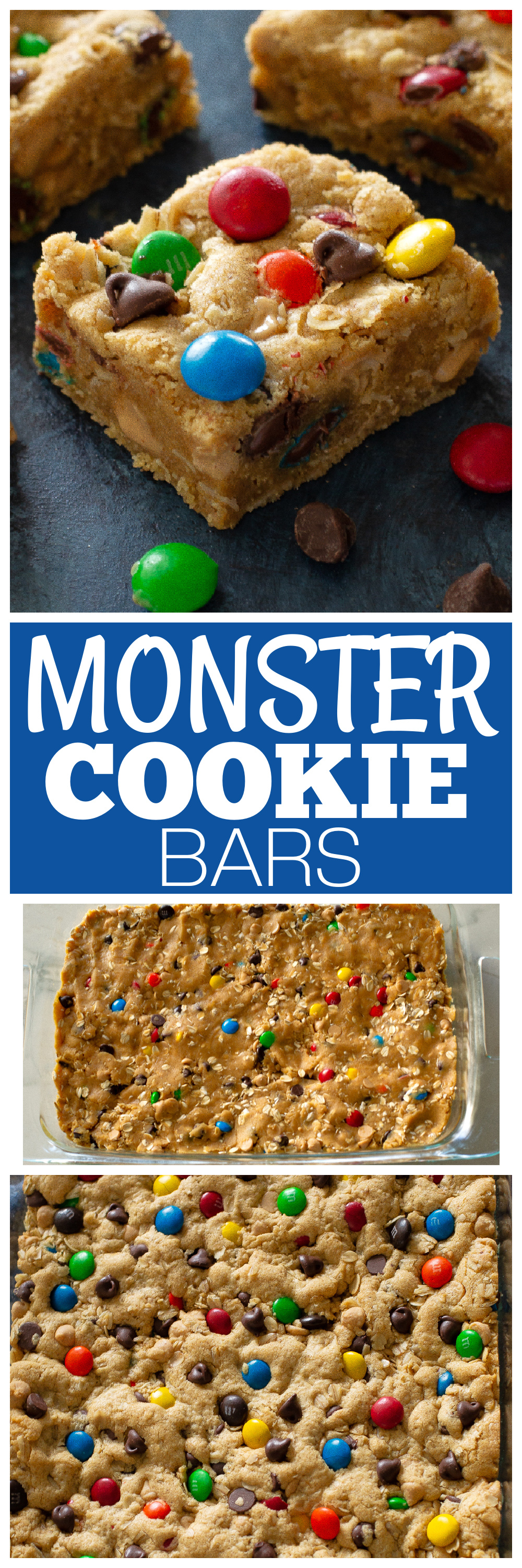 monster cookie dough bars on a blue surface with M&Ms